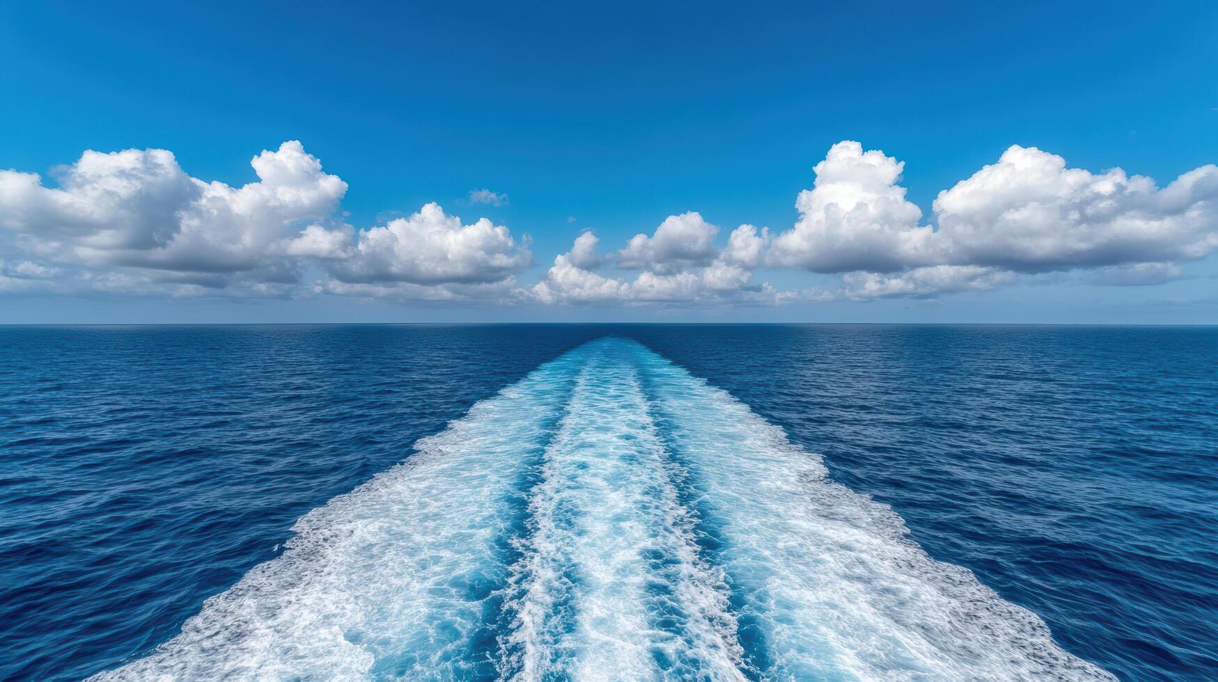 Vibrant ocean waves create stunning contrast against clear blue sky with fluffy clouds photo