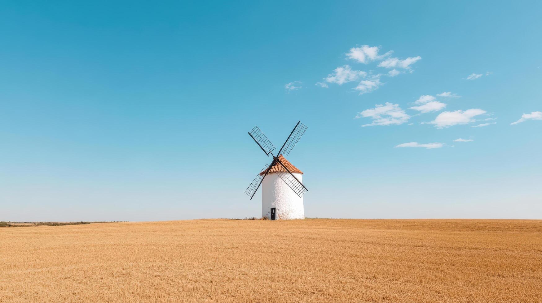 Old windmill on hill overlooking golden fields under clear blue sky photo