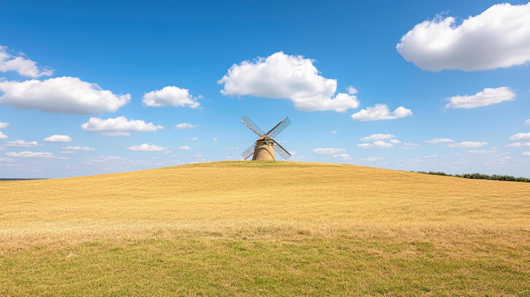 Old windmill on hill overlooking golden fields under bright blue sky with fluffy clouds photo