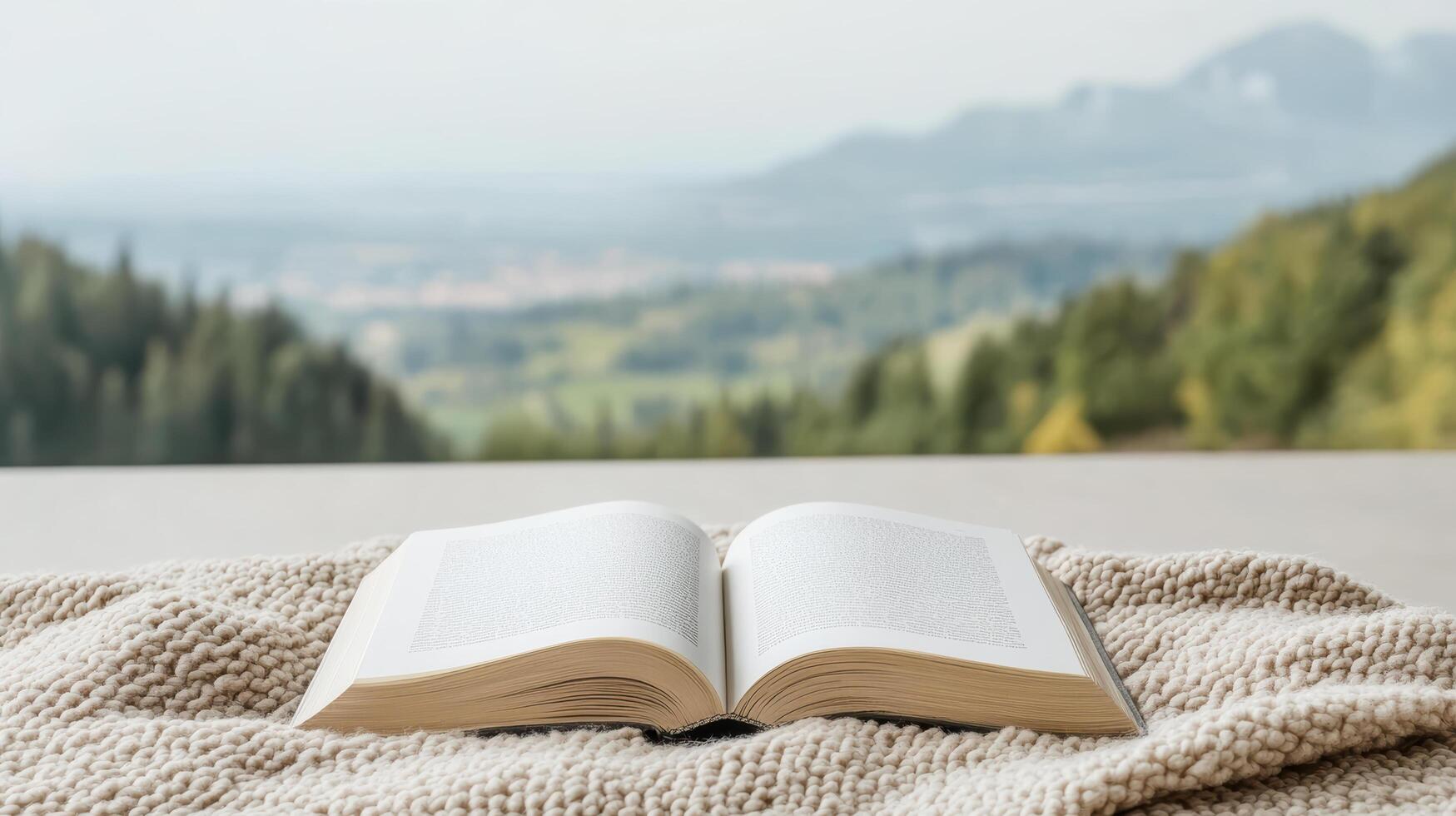 serene open book rests on cozy blanket, overlooking breathtaking alpine view photo