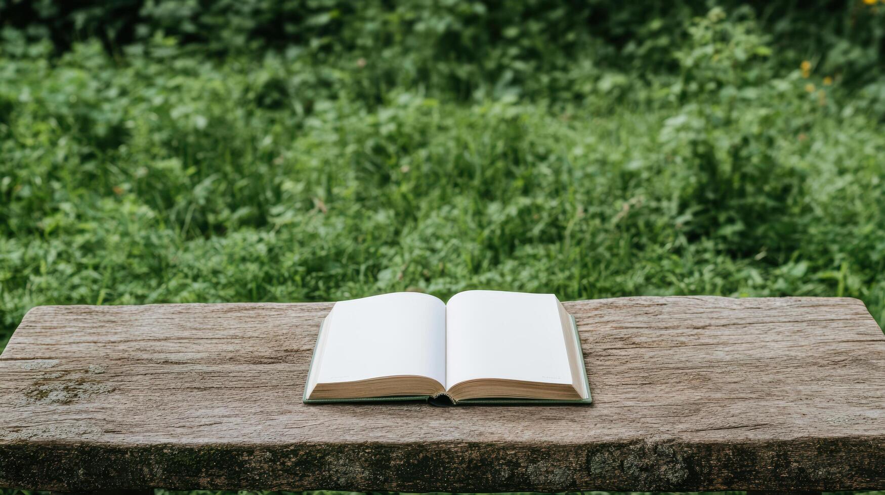 open book resting on wooden bench in lush green garden creates serene atmosphere photo