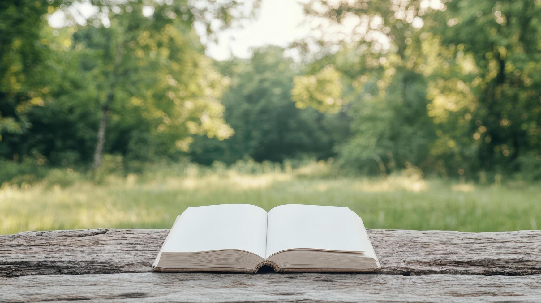 open book rests wooden surface, surrounded by lush greenery and soft sunlight, inviting photo