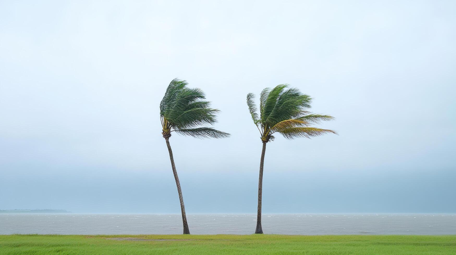 Two palm trees blowing in the wind near the ocean photo