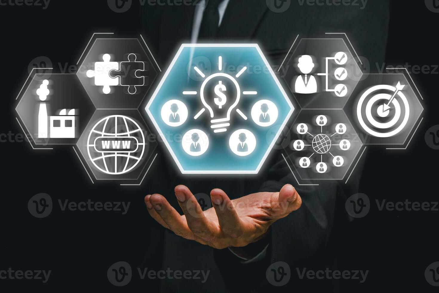Visual representation of crowdsourcing with digital icons symbolizing teamwork, innovation, and idea sharing in business. photo