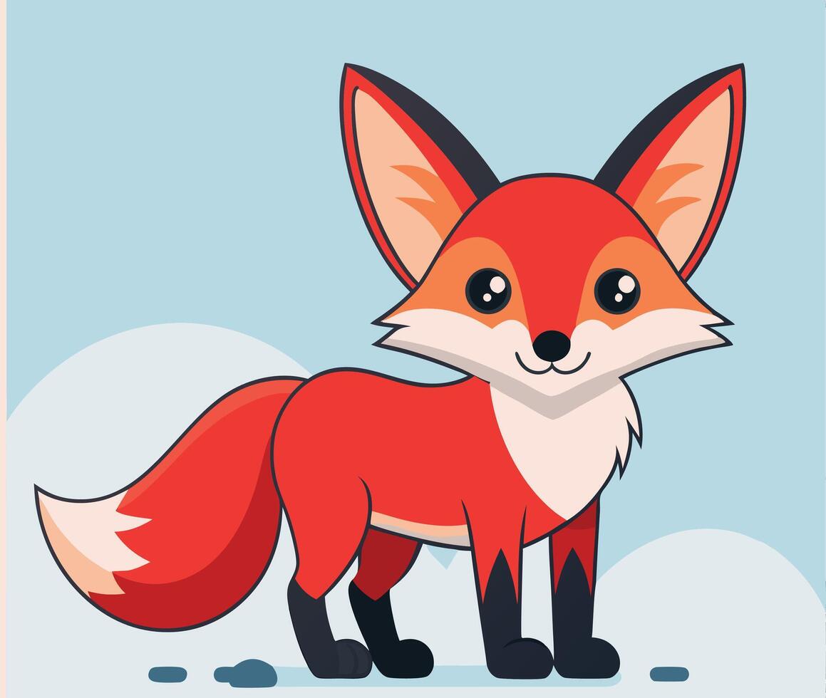 Cute Cartoon Fox Character Standing Alert On Snowy Background Illustration vector