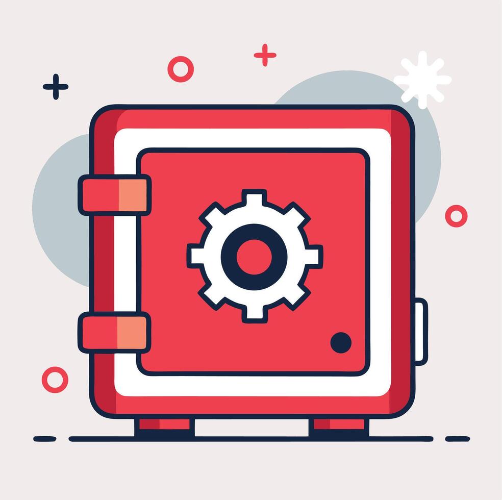 Stylized Red Safe With Gear Icon In Flat Design Surrounded By Shapes vector