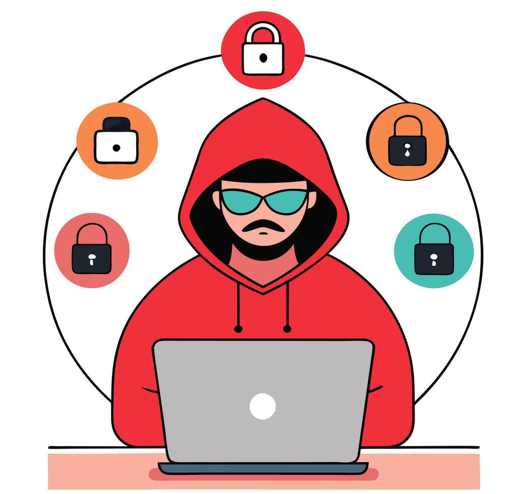 Hacker With Laptop And Padlocks Represents Internet Security And Data Protection vector