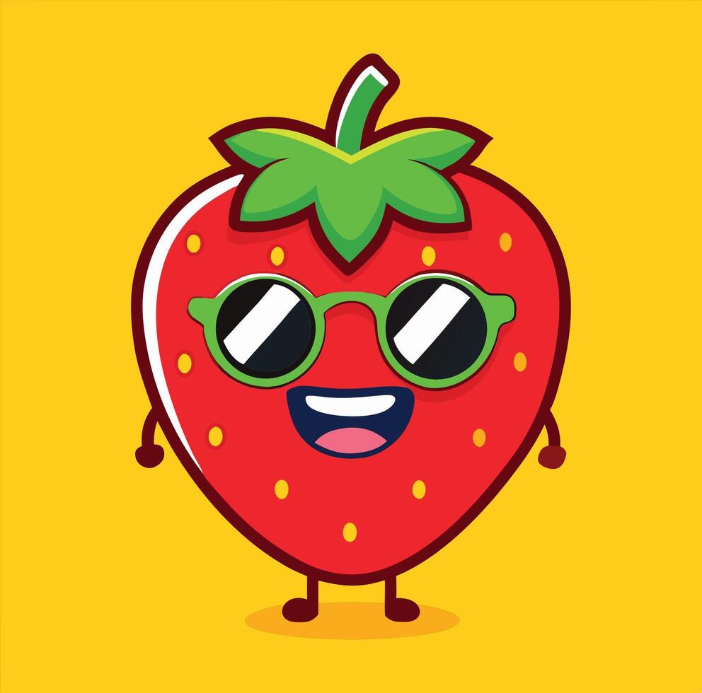 Happy Cartoon Strawberry Character Wearing Sunglasses On A Yellow Background vector
