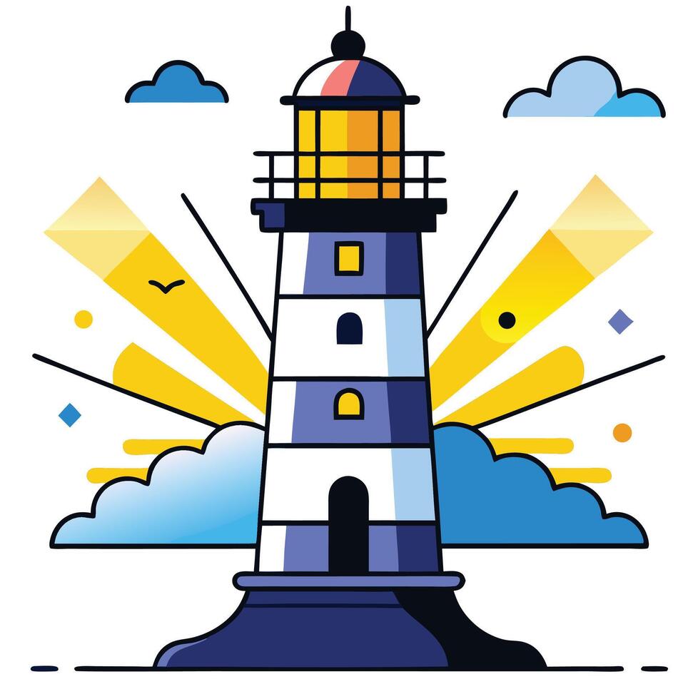 Cartoon Style Lighthouse With Blue Clouds And Yellow Rays Illustration vector