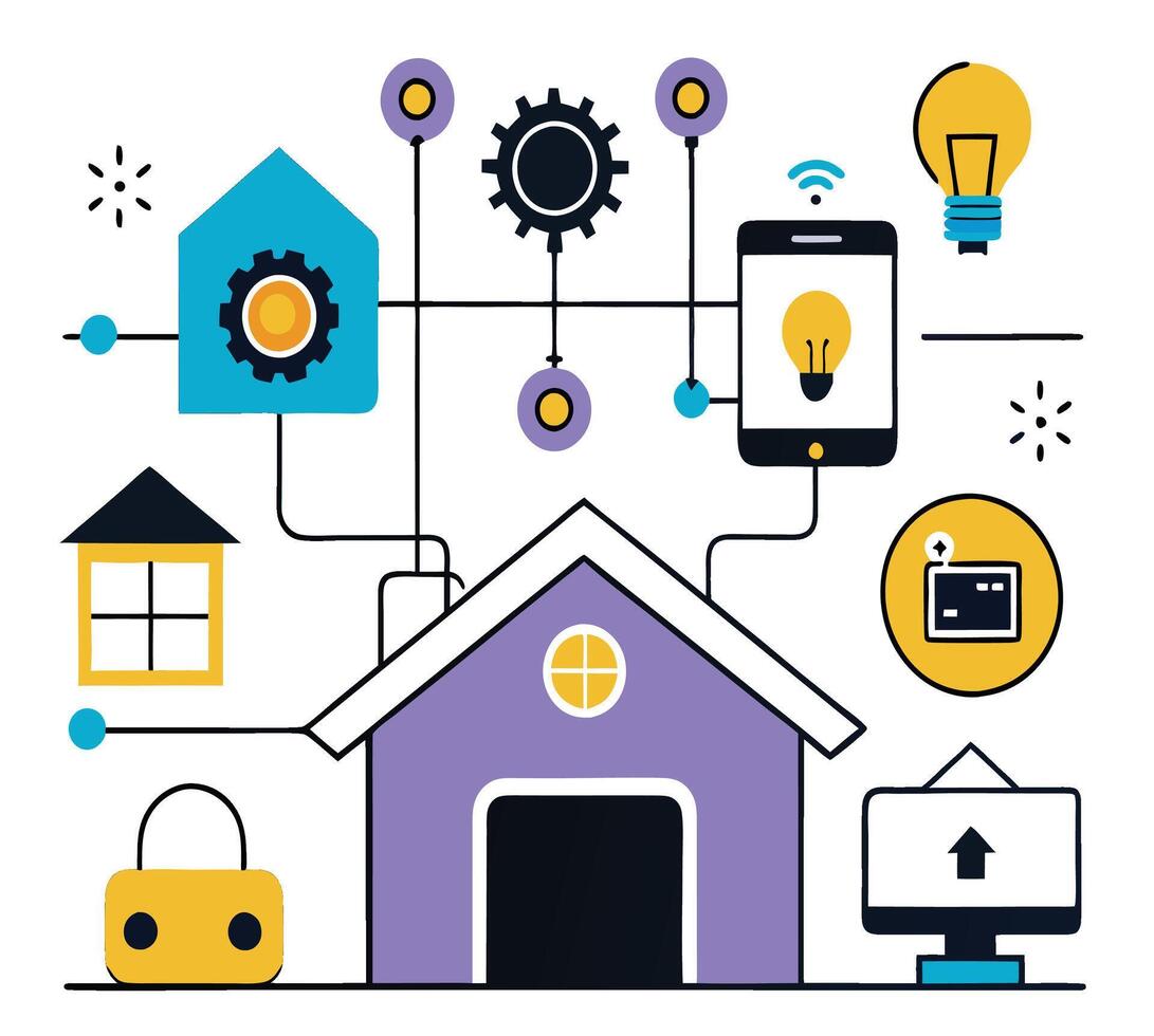 Smart Home Automation System Featuring Connected Devices And Home Management Technology vector