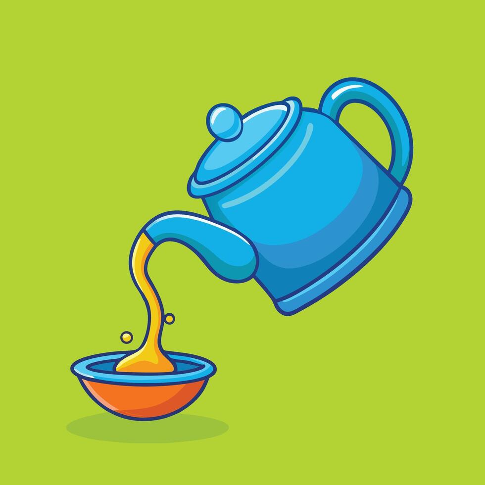 Cute Cartoon Teapot Pouring Liquid Into A Bowl Graphic Illustration Art vector