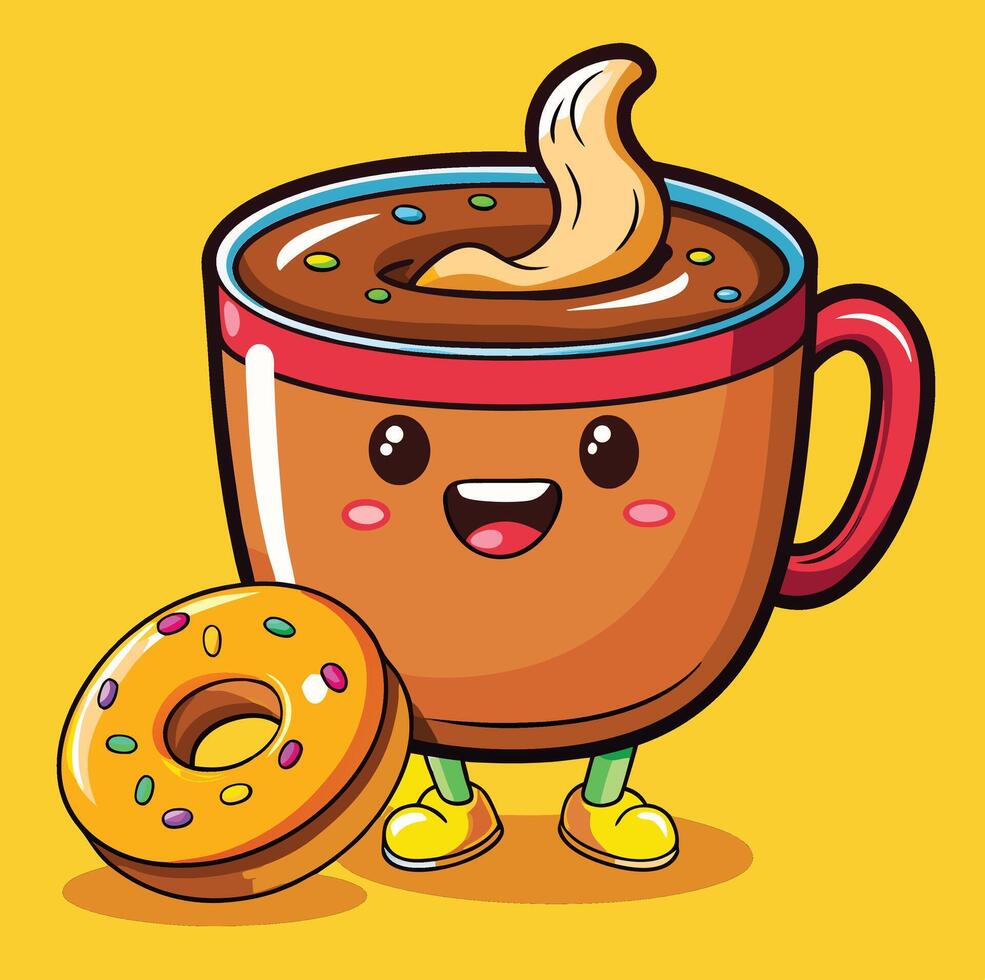 Cute Cartoon Coffee Cup Character With Donut On A Yellow Background vector