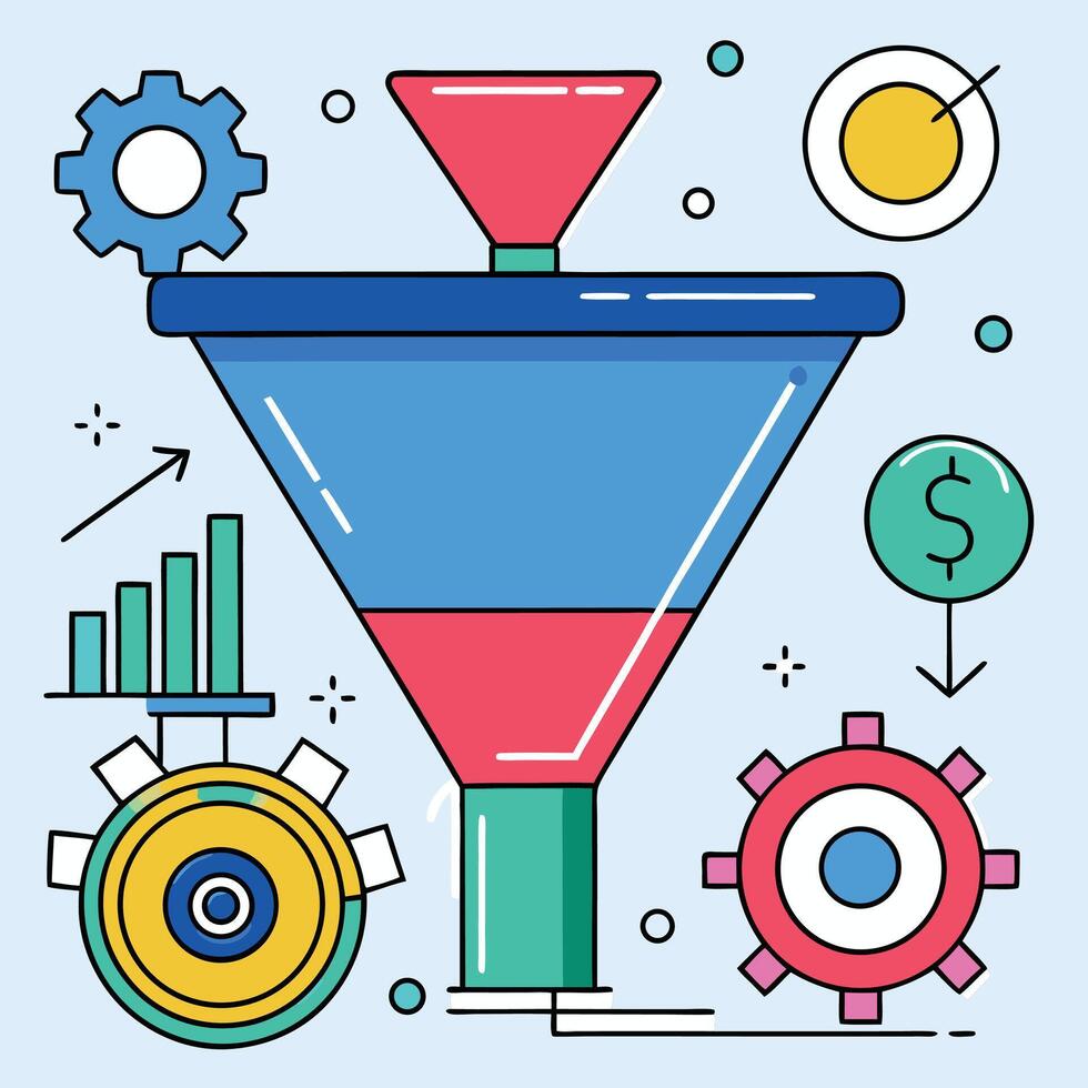Marketing Sales Funnel Strategy With Gears And Growth Chart Illustration Concept vector
