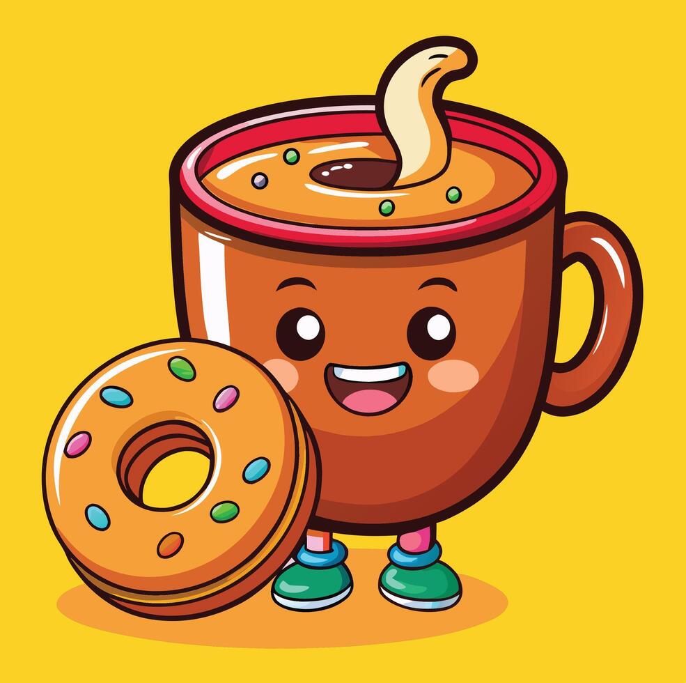 Cartoon Coffee Cup Character With Smiling Face And Donut On Yellow Background vector