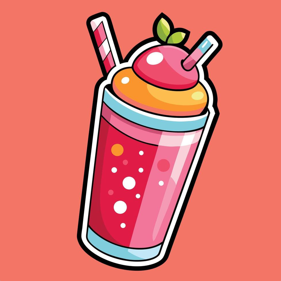 Cartoon Style Delicious Strawberry Smoothie Illustration With Straw On Pastel Pink Background vector