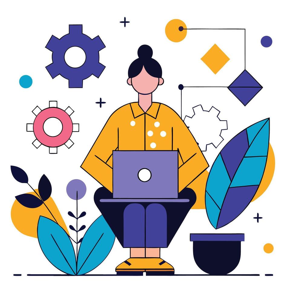 Woman Working On Laptop With Gears And Geometric Shapes Flat Illustration vector