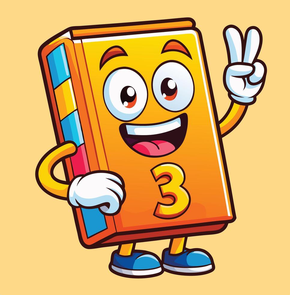Cheerful Cartoon Book Mascot With Number Three And Victory Sign Gesture vector