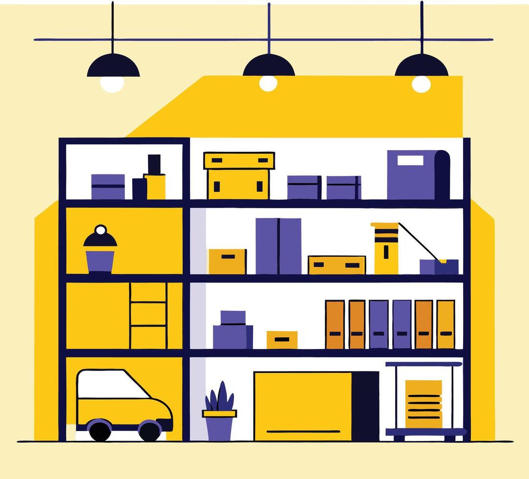 Stylized Illustration Of Shelves Filled With Various Items In Flat Design vector