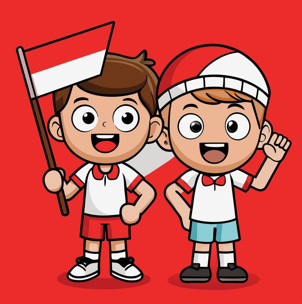 Cartoon Boys Celebrating Indonesian Independence Day With Flag Illustration On Red Background vector
