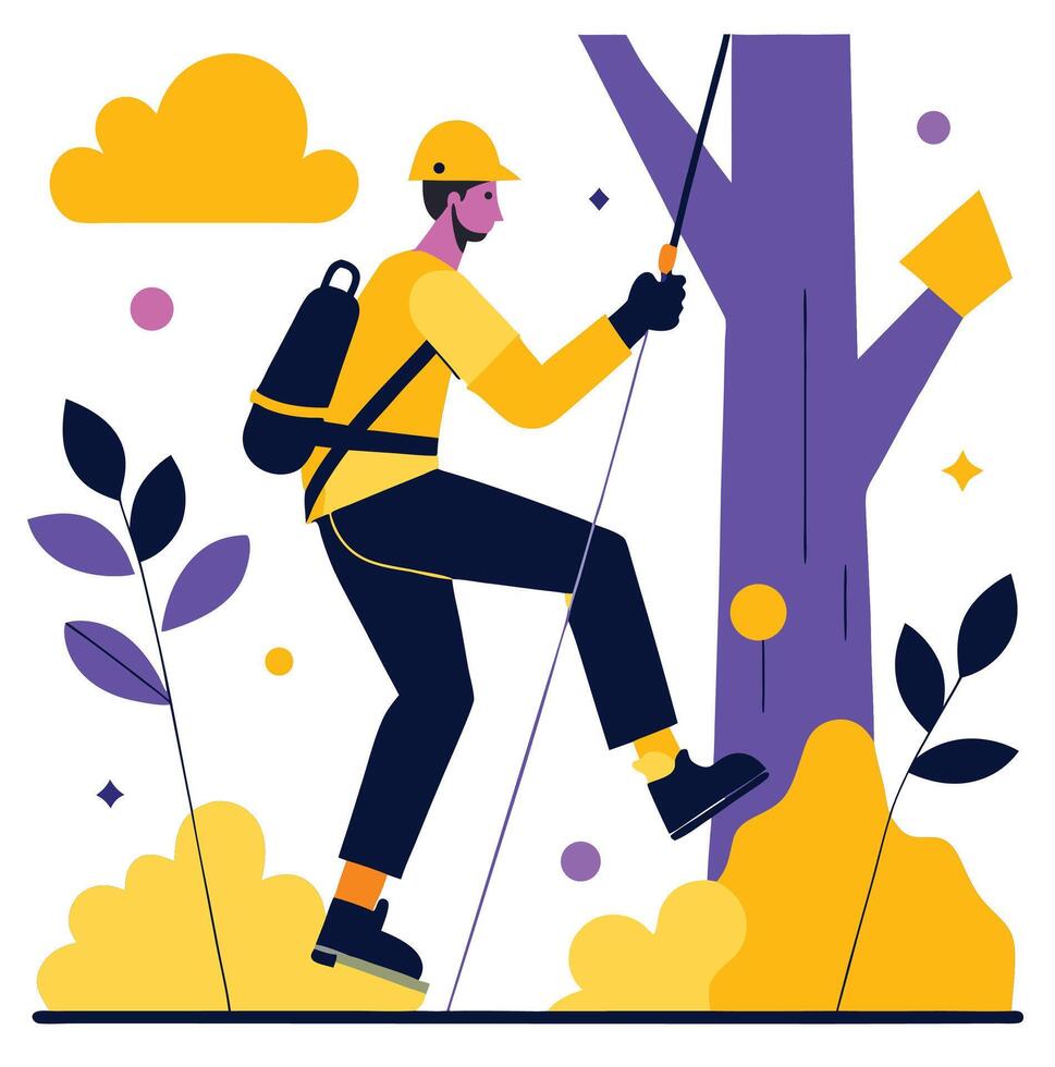 Cartoon Illustration Of A Man Climbing A Tree With Safety Gear And Rope vector