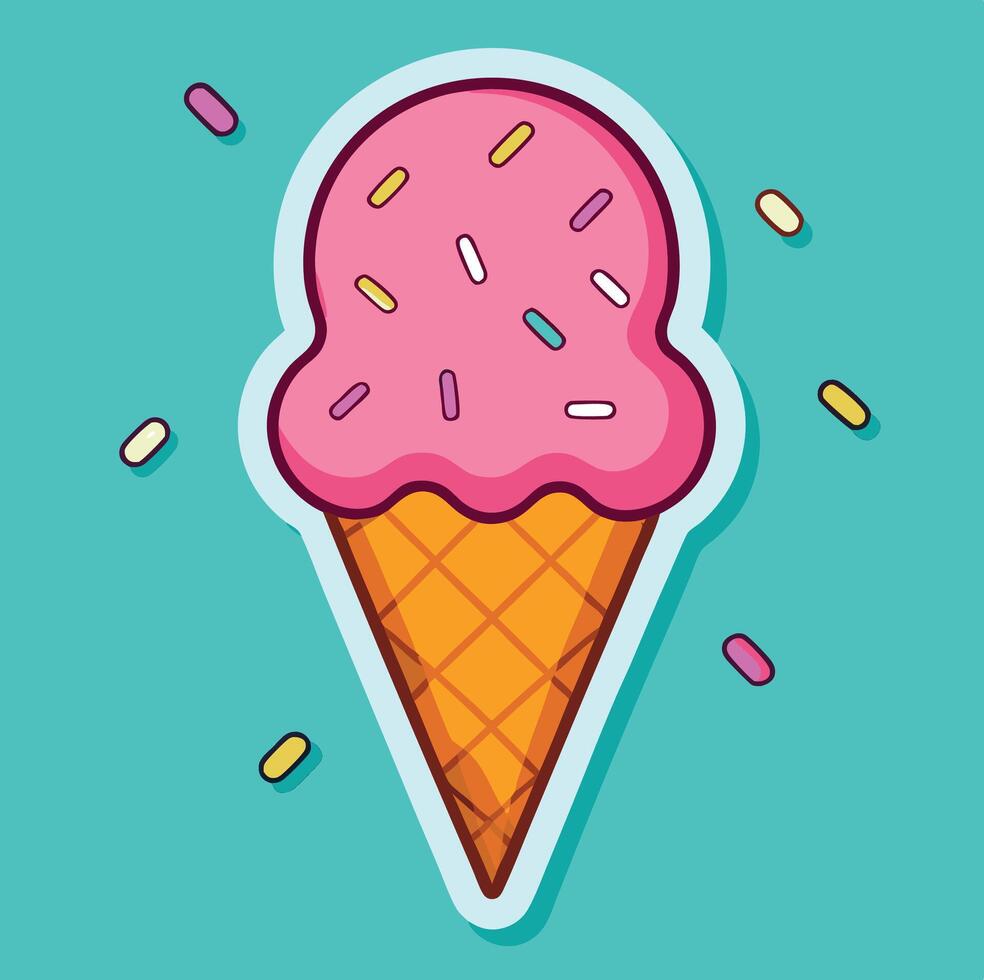 Strawberry Ice Cream Cone With Sprinkles On A Turquoise Background Illustration vector