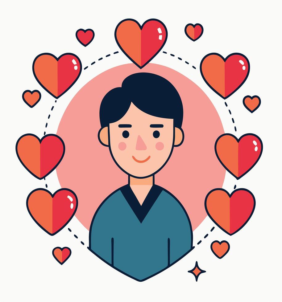 Illustration Of Smiling Man Surrounded By Love Hearts In Flat Design Style vector