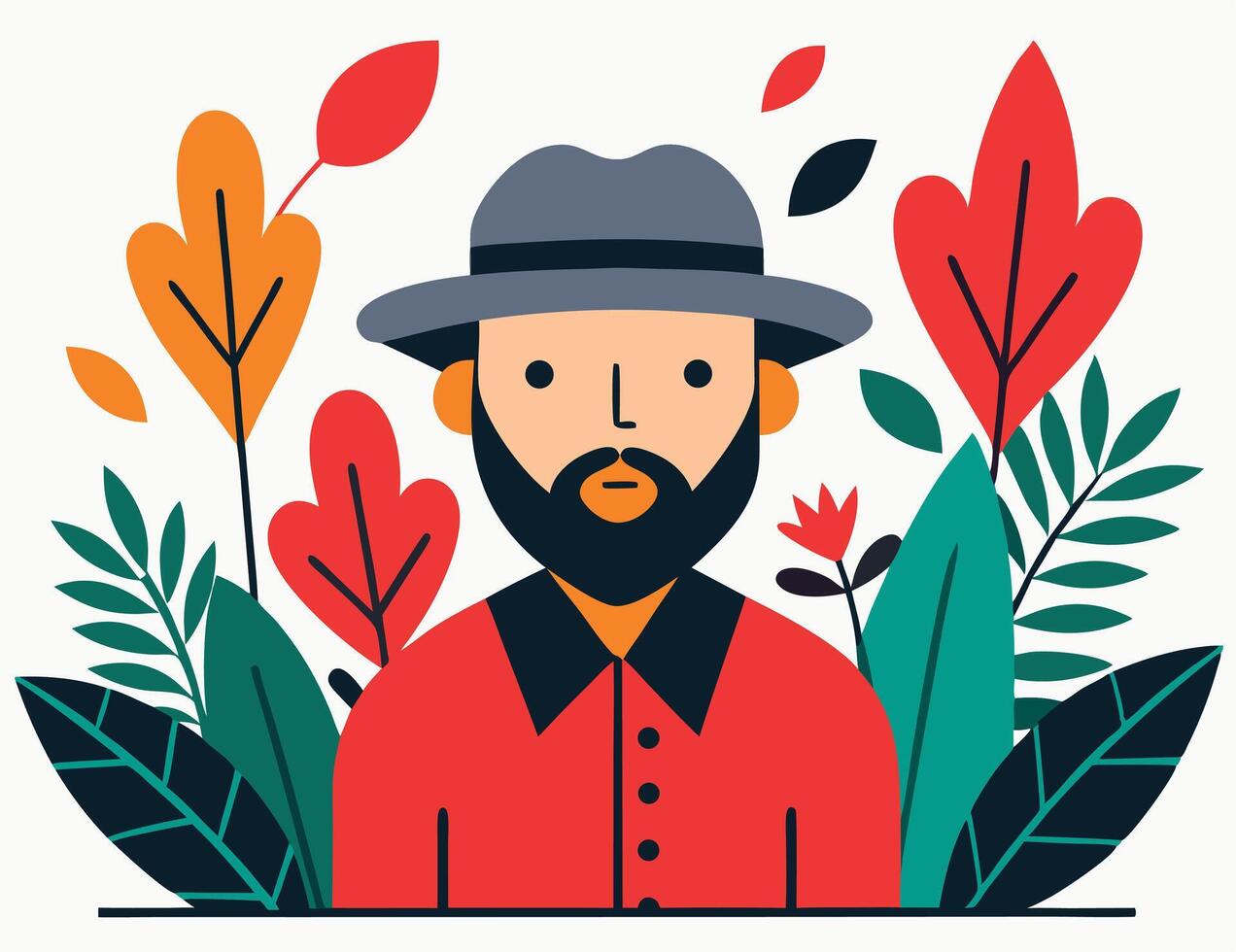 Flat Illustration Of Man With Beard Hat And Decorative Plants Background vector