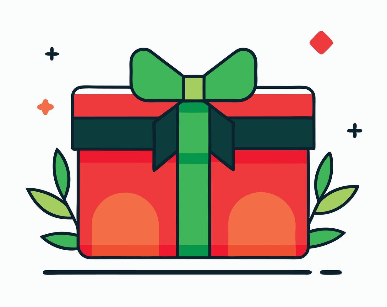Whimsical Gift Box Graphic With Green Bow And Leaf Accents vector
