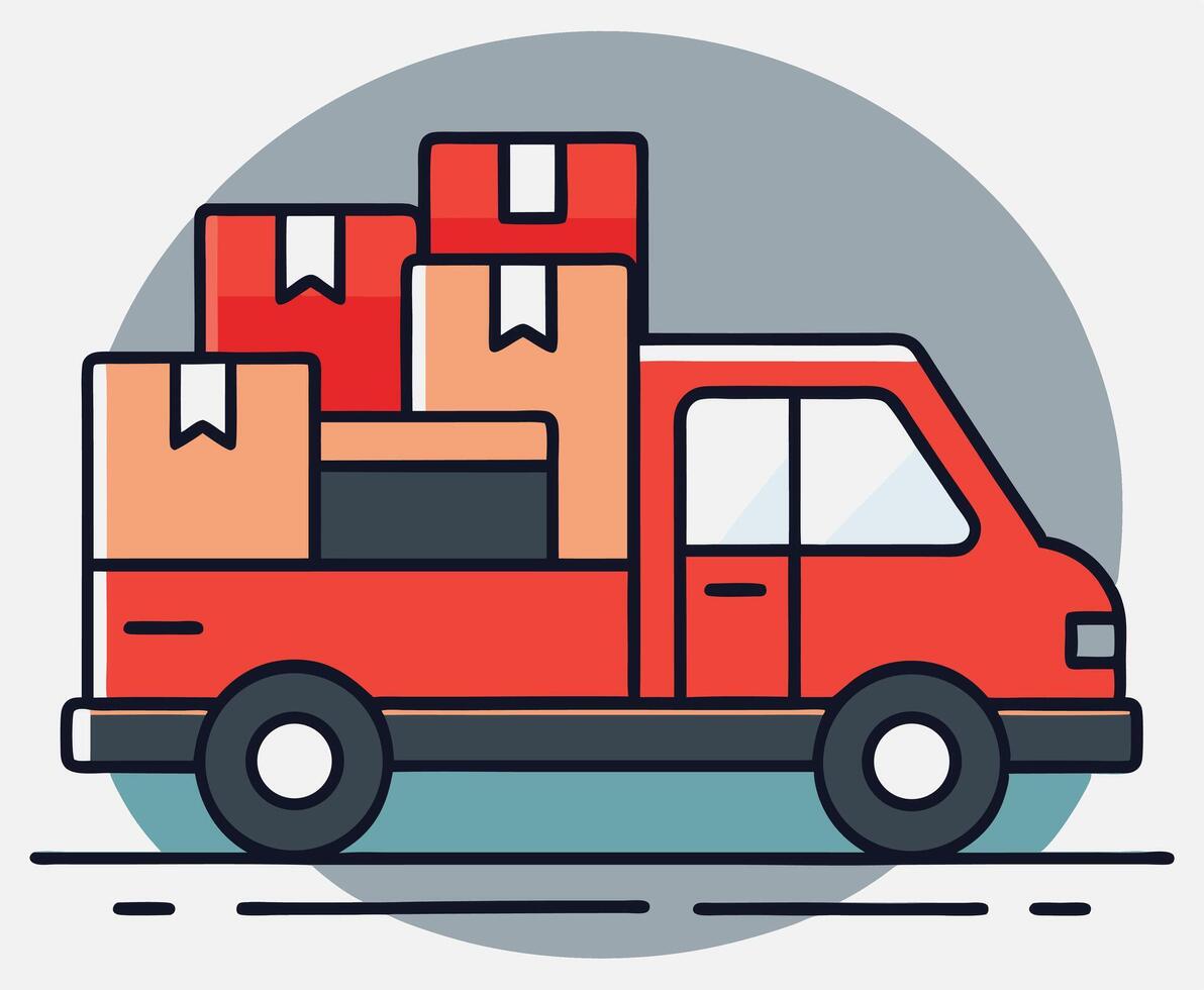 Red Delivery Truck Filled With Boxes Cartoon Style Illustration Concept vector