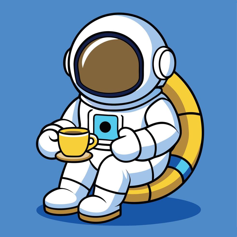 Cartoon Astronaut Relaxing With Coffee Sitting On A Lifebuoy Illustration vector