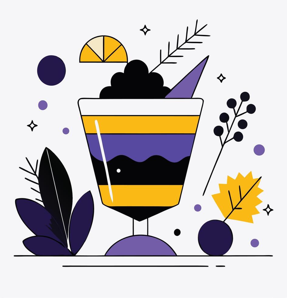 Stylish Cocktail Illustration With Retro Colors And Abstract Plant Elements Composition vector