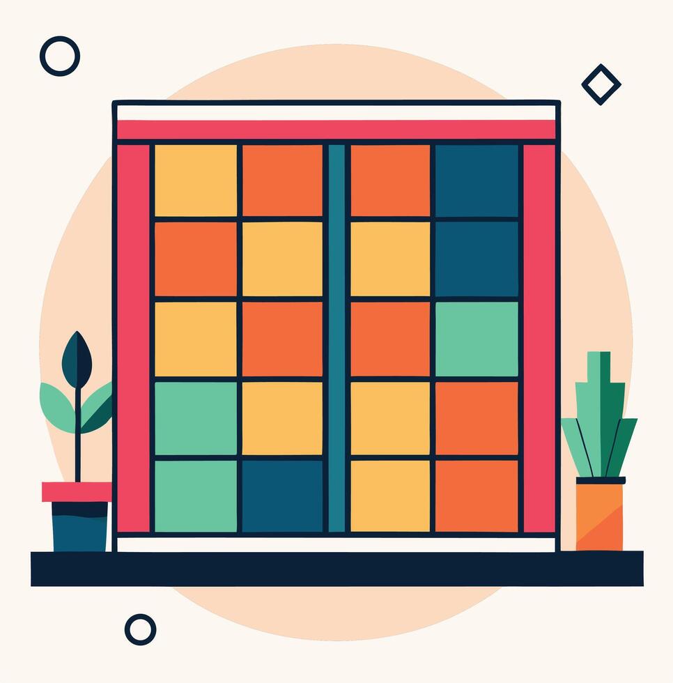 Colorful Window Frame With Plants And Geometric Shapes In Illustration vector