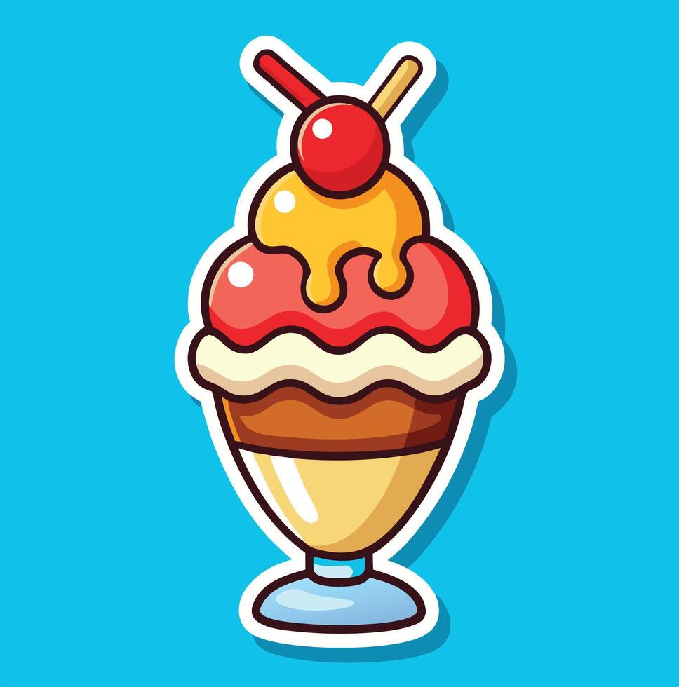 Cartoon Styled Sundae Ice Cream Dessert With Cherry And Wafers Toppings vector