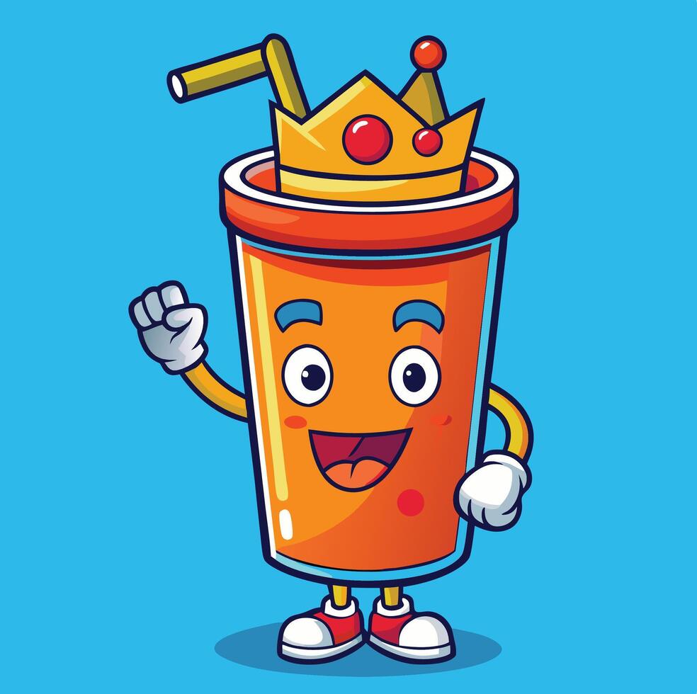 Cartoon Juice Cup With Crown Waving Hello Isolated On Blue Background vector