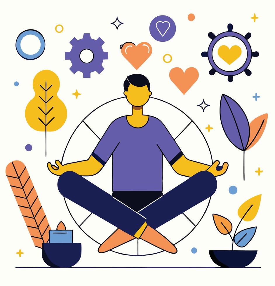 Meditating Person Surrounded By Growth And Harmony Conceptual Flat Illustration vector