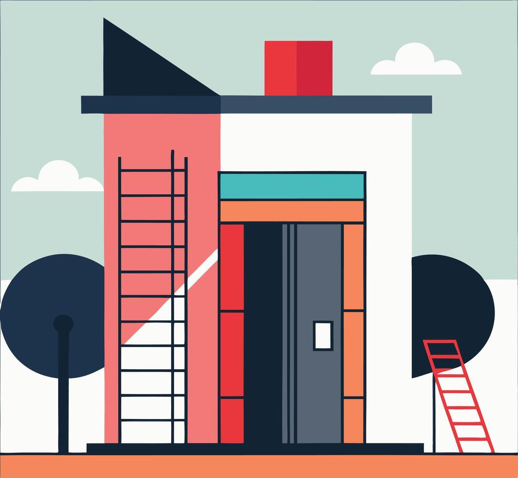 Geometric House Illustration With Ladders Trees And Clouds In Flat Design Style vector