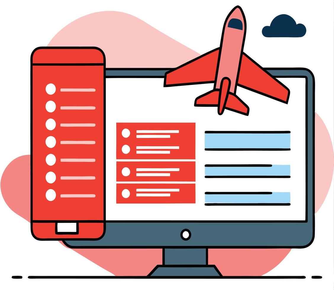 Online Flight Booking Concept With Airplane Over Computer And Mobile Phone vector