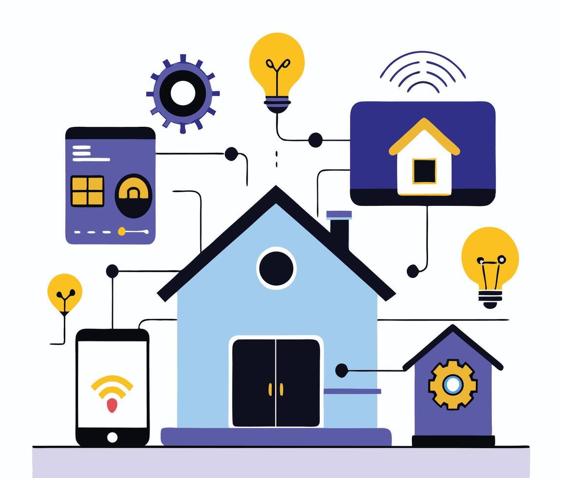 Smart Home Automation System With Connected Devices For Modern Living Concept vector