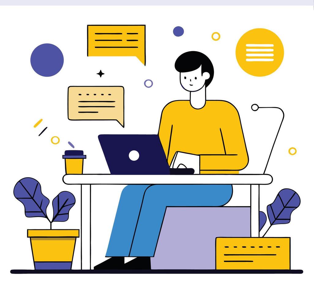 Flat Illustration Of Man Working On Laptop In Colorful Creative Office Space vector