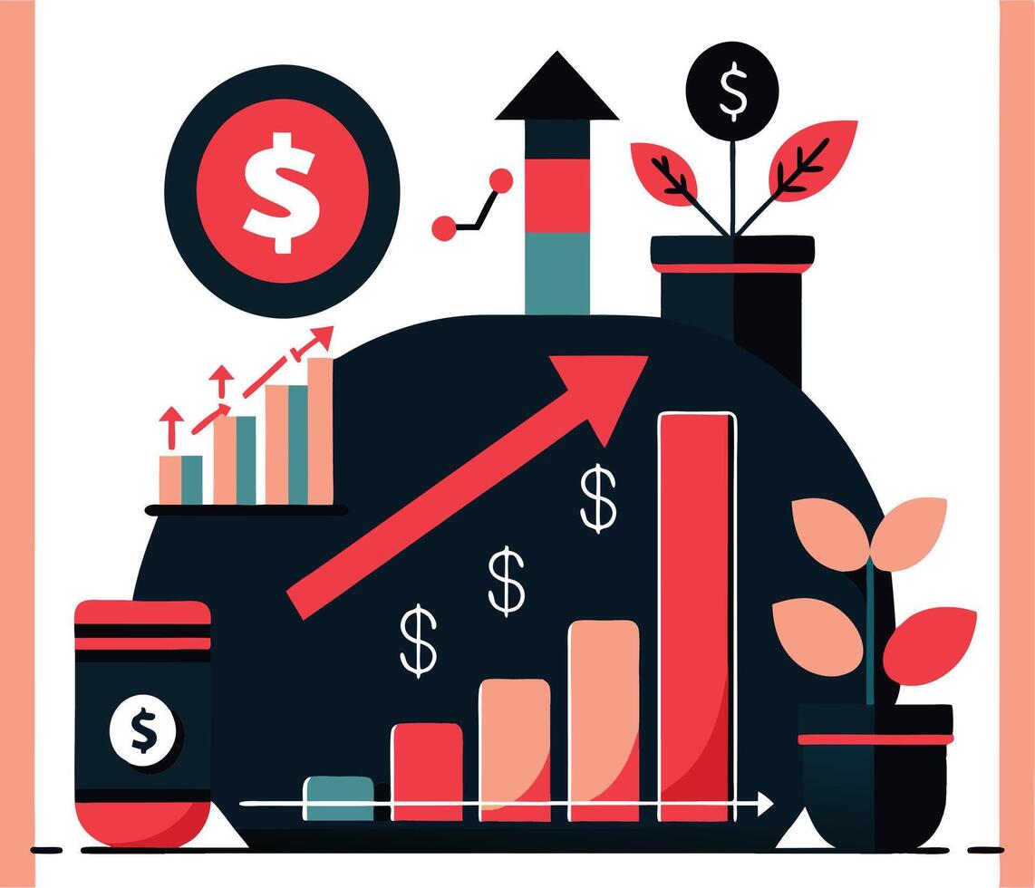 Financial Growth With Dollar Signs And Upward Charts In Flat Illustration vector