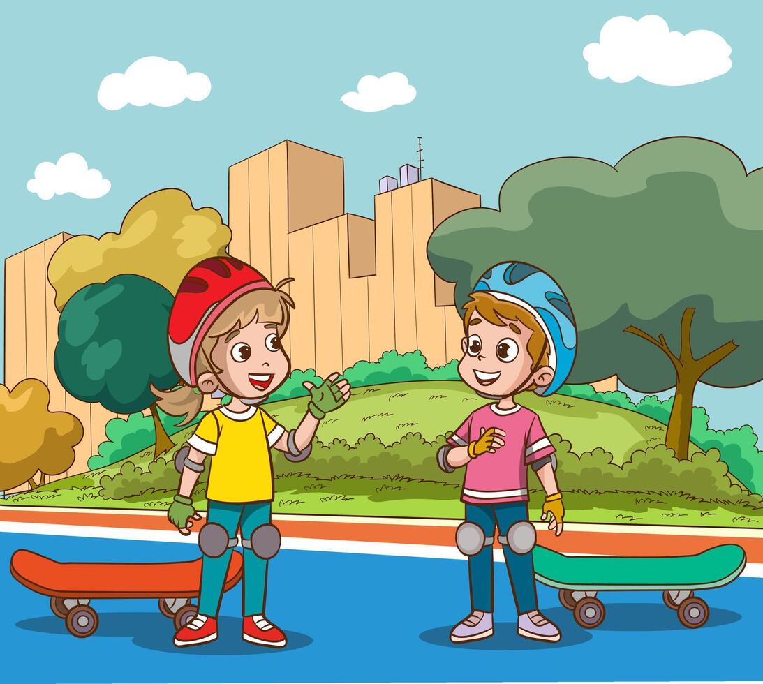illustration of happy little children having fun, riding skateboards and talking in the park on a sunny day vector