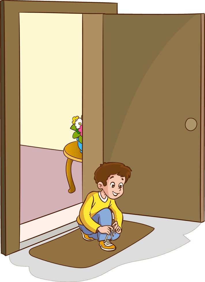 cute little boy tying his shoelaces illustration vector