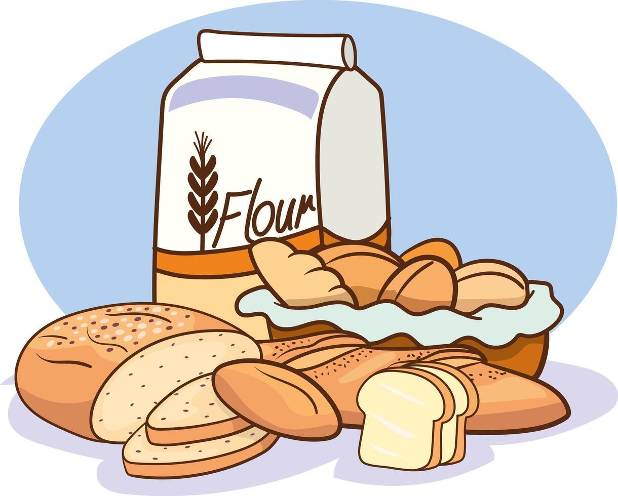 Illustration of Flour Package and Breads on White Background. vector