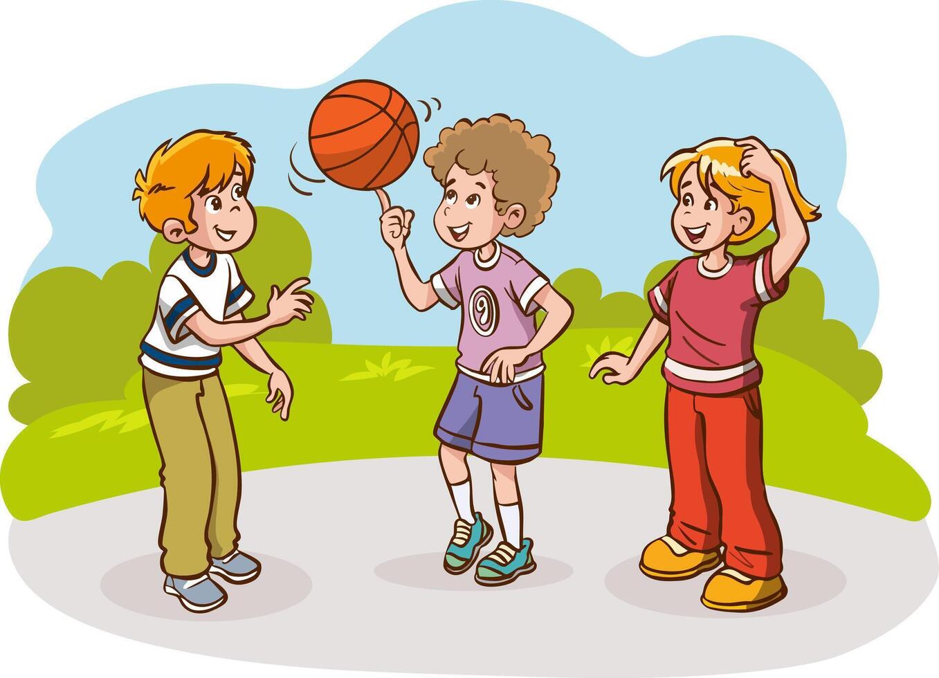 cute little boy posing and spinning a basketball on his finger vector