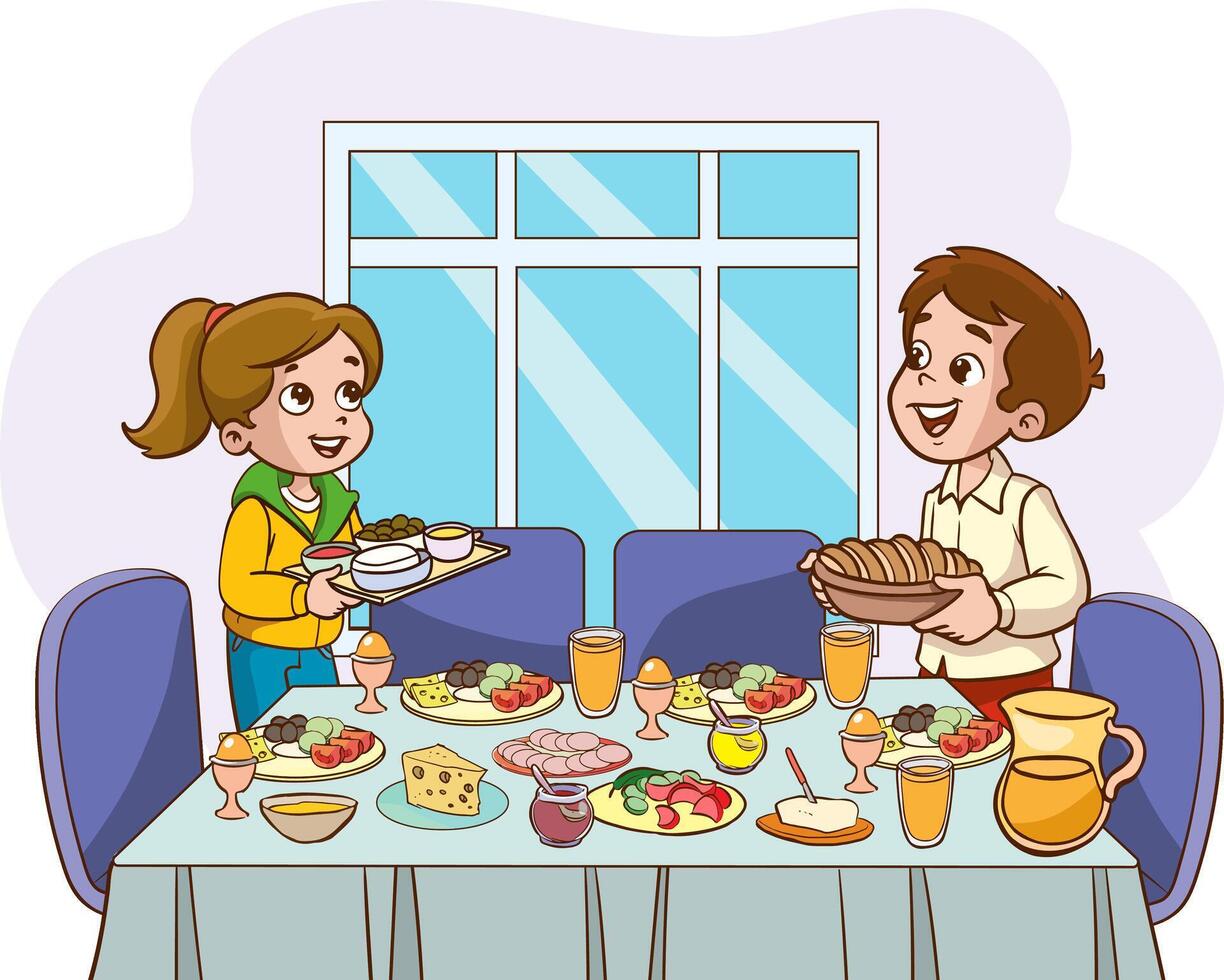 illustration of a boy and a girl preparing breakfast together. Each of them has food and kitchen utensils in their hands. The atmosphere is cheerful and relaxed. vector