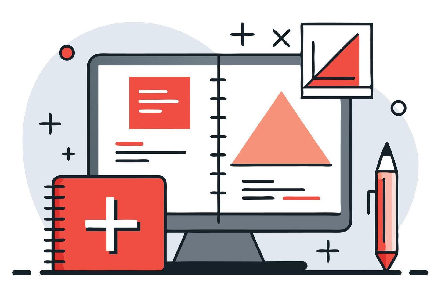 Data Analysis On Computer Screen With Graph And Pencil Illustration Design vector
