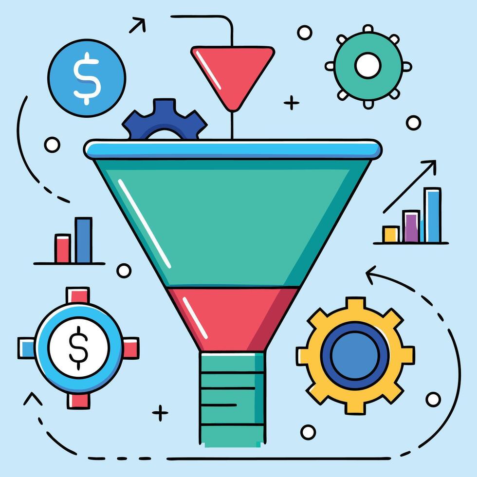 Conversion Funnel Illustration Representing Sales Strategy And Financial Growth Cartoon Style Graphics vector