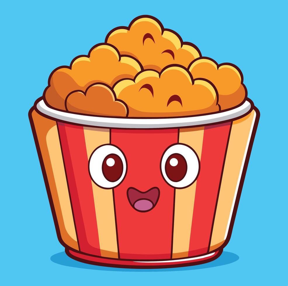 Cute Cartoon Popcorn Bucket Character Illustration On A Blue Background vector