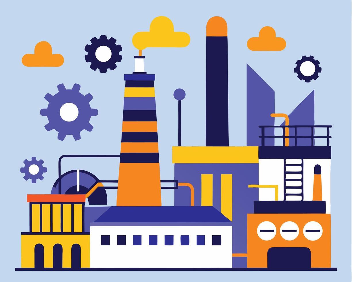 Colorful Illustration Of A Modern Industrial Factory With Clouds And Gears vector