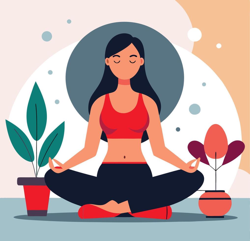 Woman Meditating In Lotus Position Achieving Mindfulness With Plants In Background vector